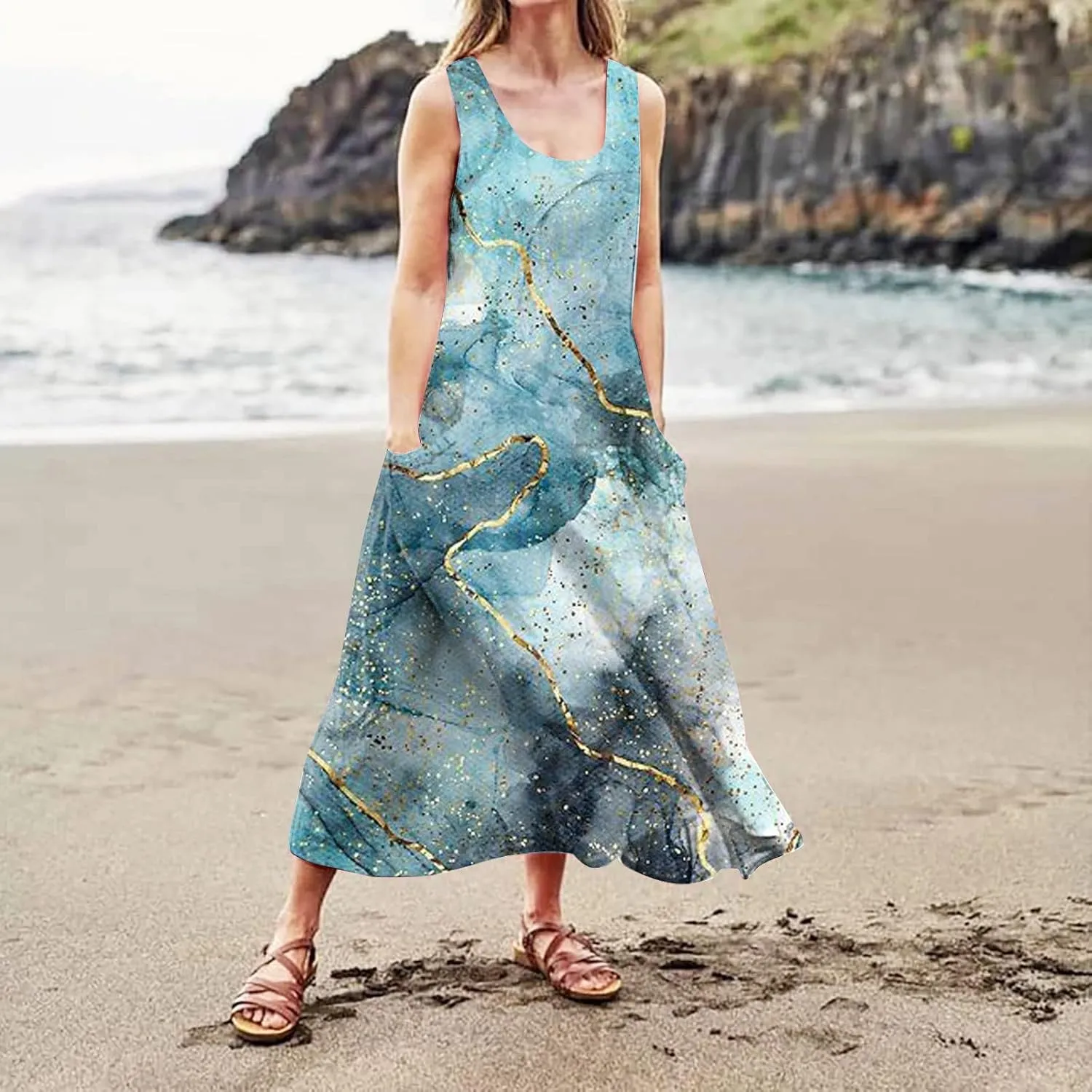 Womens Plus Size Summer Dresses 2025 Gradient Ombre Loose Casual Vacation Sleeveless Boho Tank Midi Pockets Sundresses