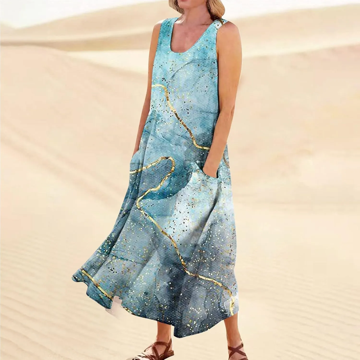 Womens Plus Size Summer Dresses 2025 Gradient Ombre Loose Casual Vacation Sleeveless Boho Tank Midi Pockets Sundresses