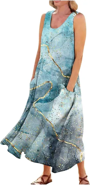 Womens Plus Size Summer Dresses 2025 Gradient Ombre Loose Casual Vacation Sleeveless Boho Tank Midi Pockets Sundresses