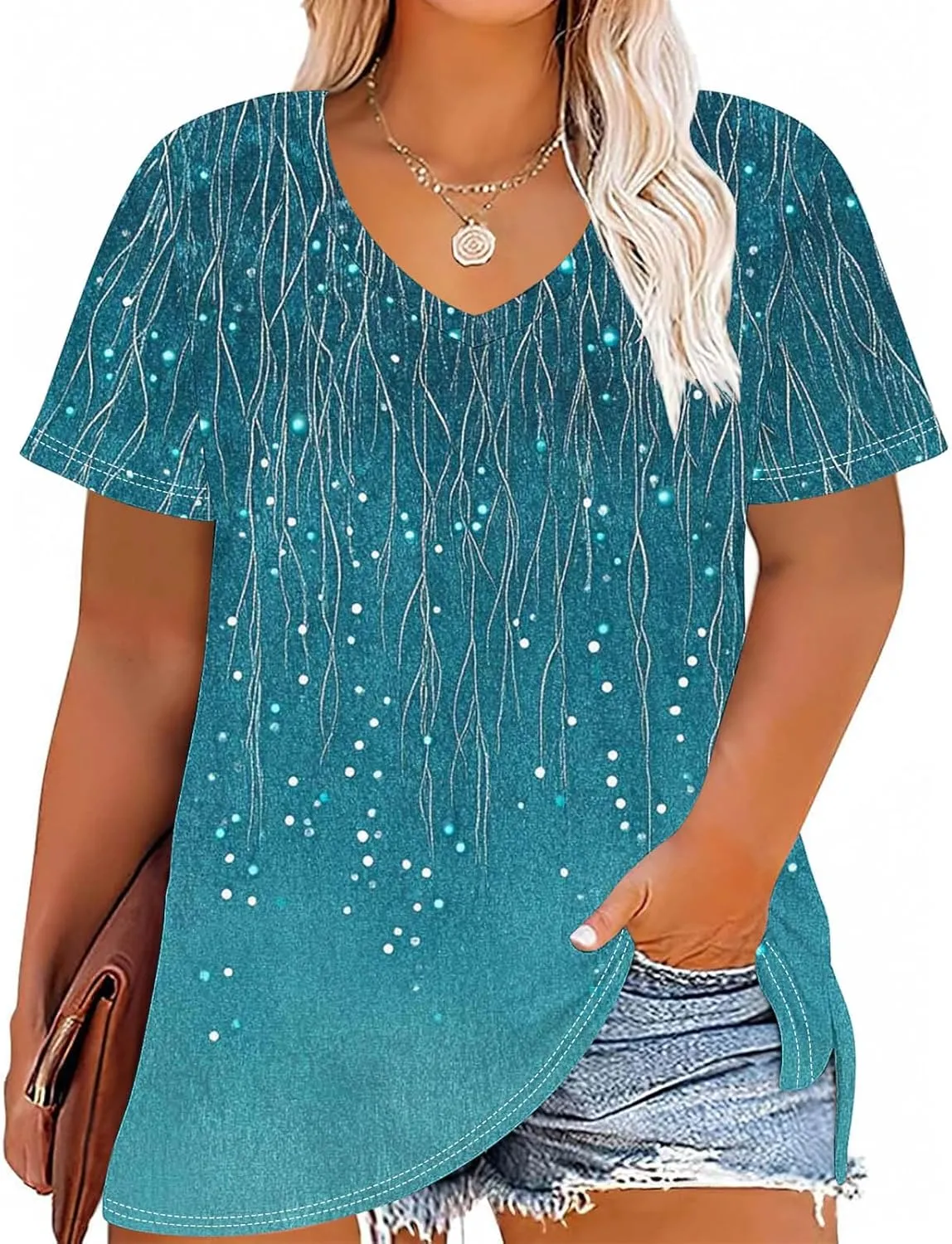 Womens Plus Size Tops Short Sleeve Tunic V-Neck Shirts Summer Casual Loose Blouse 3D Graphic Tees Tops