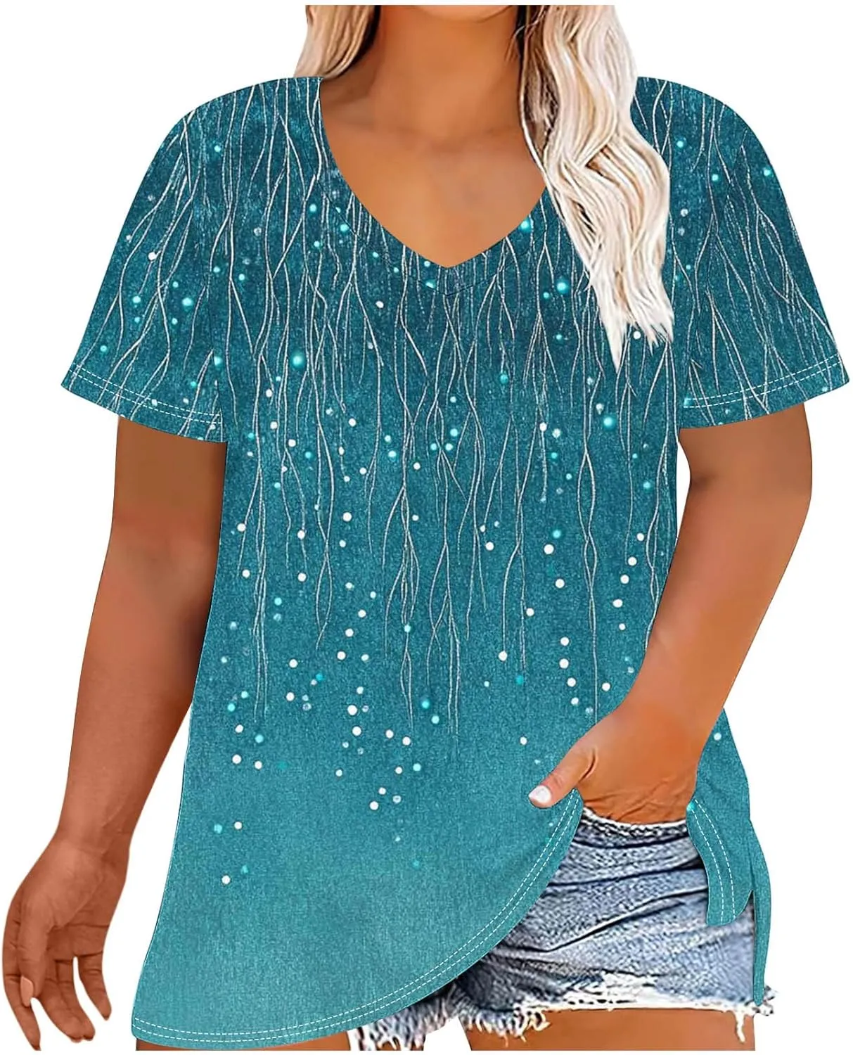 Womens Plus Size Tops Short Sleeve Tunic V-Neck Shirts Summer Casual Loose Blouse 3D Graphic Tees Tops