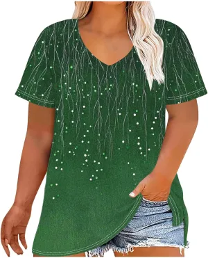 Womens Plus Size Tops Short Sleeve Tunic V-Neck Shirts Summer Casual Loose Blouse 3D Graphic Tees Tops
