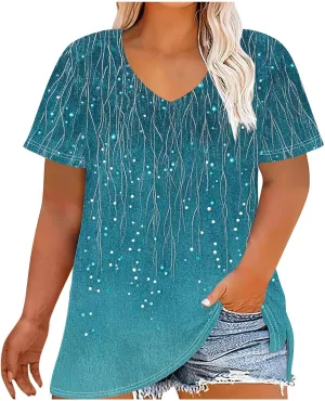 Womens Plus Size Tops Short Sleeve Tunic V-Neck Shirts Summer Casual Loose Blouse 3D Graphic Tees Tops