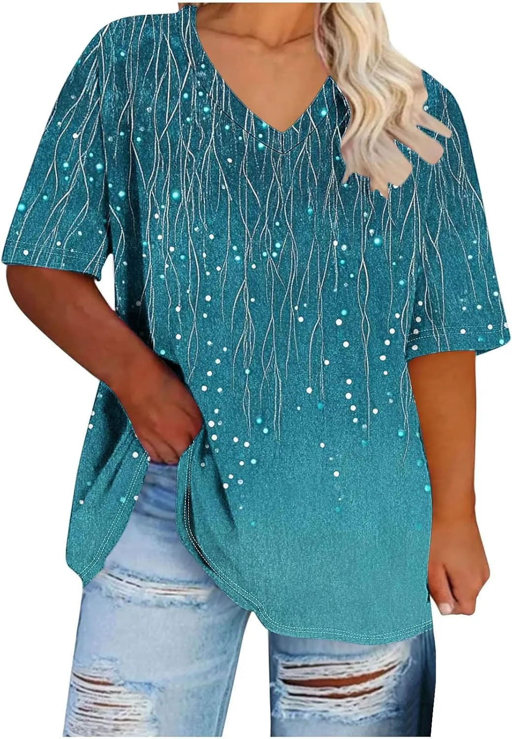 Womens Plus Size Tops Short Sleeve Tunic V-Neck Shirts Summer Casual Loose Blouse 3D Graphic Tees Tops