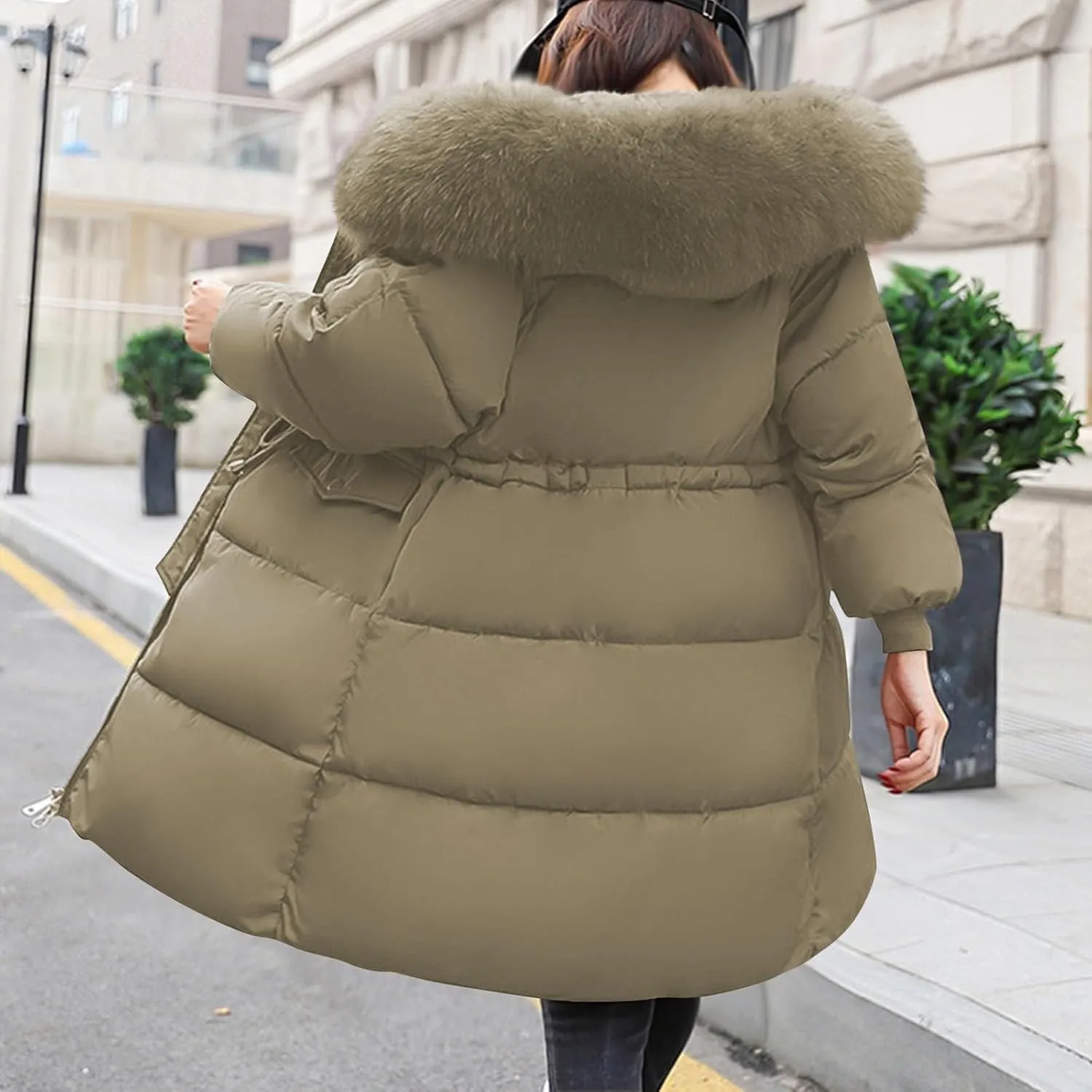 Womens Puffer Coat with Fur Hood Thicken Warm Long Quilted Down Jackets Plus Size Full Zip Windproof Parka Outerwear
