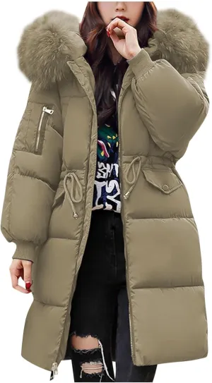 Womens Puffer Coat with Fur Hood Thicken Warm Long Quilted Down Jackets Plus Size Full Zip Windproof Parka Outerwear