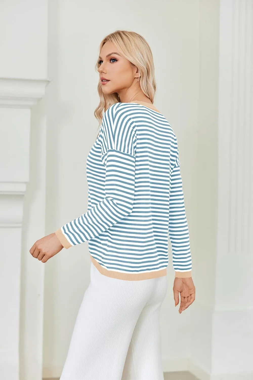 Womens Pullover Striped Sweaters Long Sleeve Tops Casual Crewneck Tops 2024 Trendy Fashion