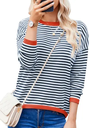 Womens Pullover Striped Sweaters Long Sleeve Tops Casual Crewneck Tops 2024 Trendy Fashion