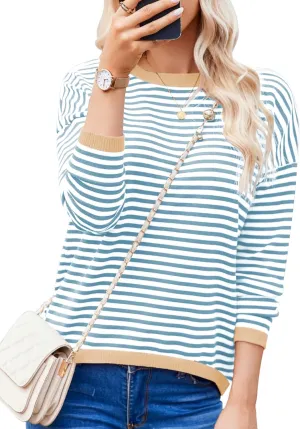 Womens Pullover Striped Sweaters Long Sleeve Tops Casual Crewneck Tops 2024 Trendy Fashion
