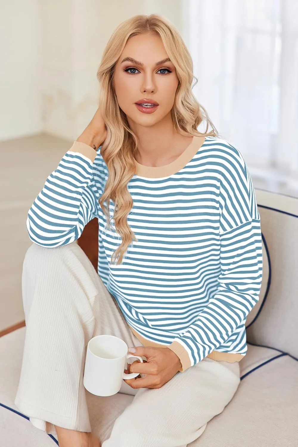 Womens Pullover Striped Sweaters Long Sleeve Tops Casual Crewneck Tops 2024 Trendy Fashion