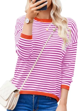 Womens Pullover Striped Sweaters Long Sleeve Tops Casual Crewneck Tops 2024 Trendy Fashion