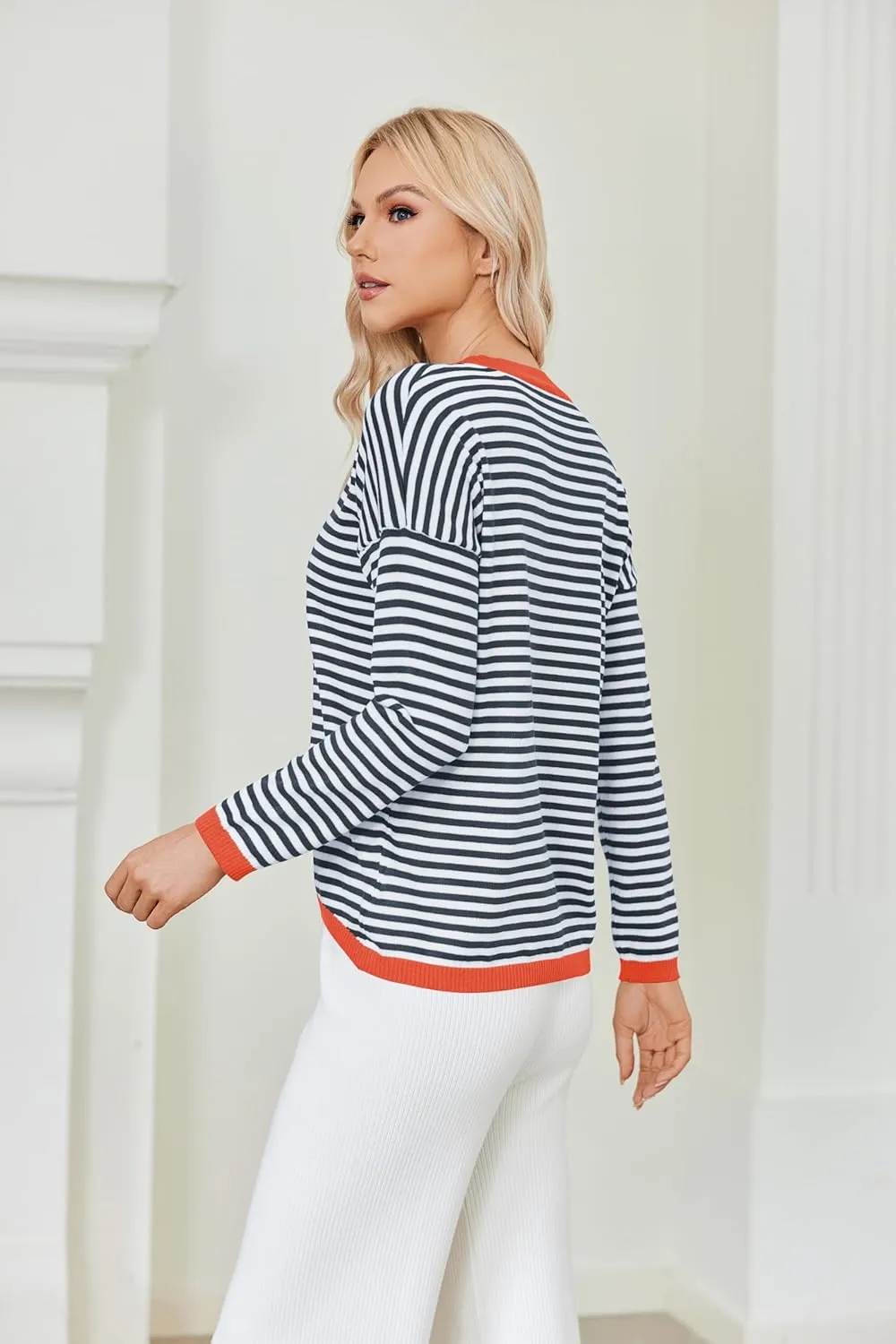 Womens Pullover Striped Sweaters Long Sleeve Tops Casual Crewneck Tops 2024 Trendy Fashion