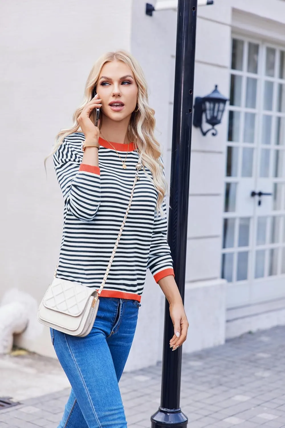 Womens Pullover Striped Sweaters Long Sleeve Tops Casual Crewneck Tops 2024 Trendy Fashion