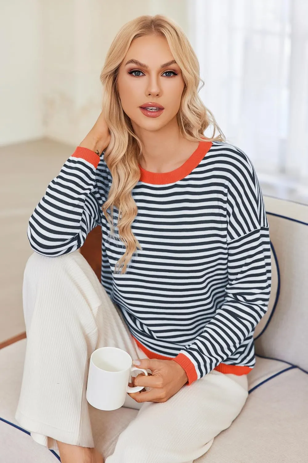 Womens Pullover Striped Sweaters Long Sleeve Tops Casual Crewneck Tops 2024 Trendy Fashion