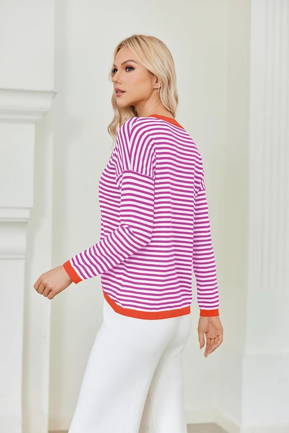 Womens Pullover Striped Sweaters Long Sleeve Tops Casual Crewneck Tops 2024 Trendy Fashion