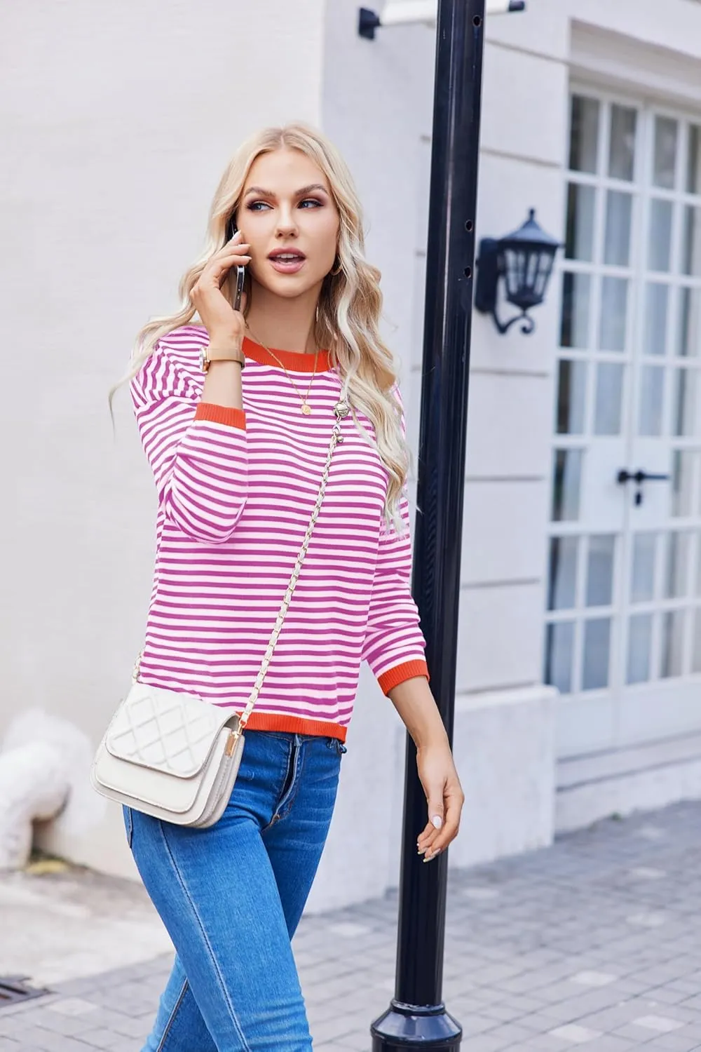 Womens Pullover Striped Sweaters Long Sleeve Tops Casual Crewneck Tops 2024 Trendy Fashion