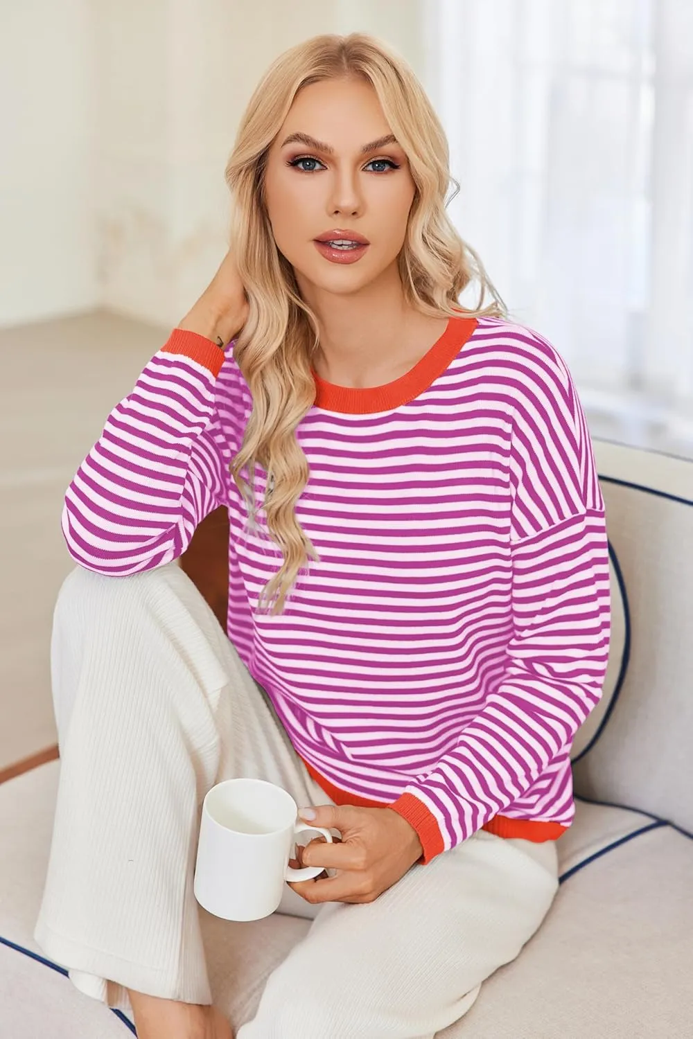 Womens Pullover Striped Sweaters Long Sleeve Tops Casual Crewneck Tops 2024 Trendy Fashion