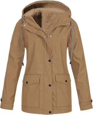 Womens Rain Jackets with Hood Waterproof Casual Fleece Lined Lightweight Rain Coat Plus Size Outdoor Trench Coat