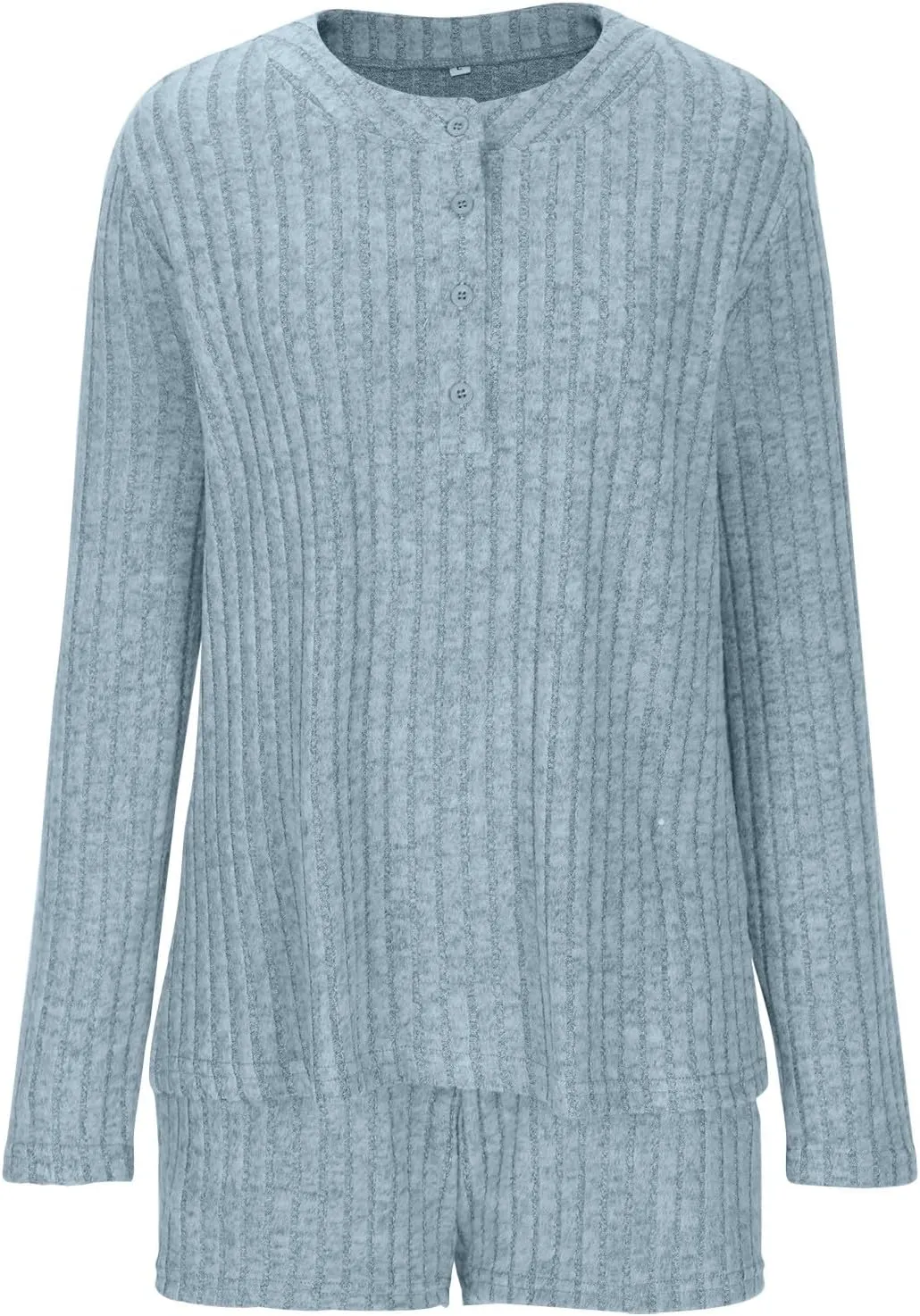 Womens Ribbed Knit 2 Piece Outfits Button V Neck Long Sleeve Shirts and Shorts Dressy Casual Homewear Sleep Sets