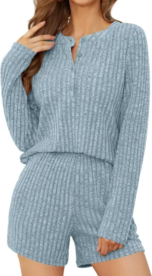Womens Ribbed Knit 2 Piece Outfits Button V Neck Long Sleeve Shirts and Shorts Dressy Casual Homewear Sleep Sets