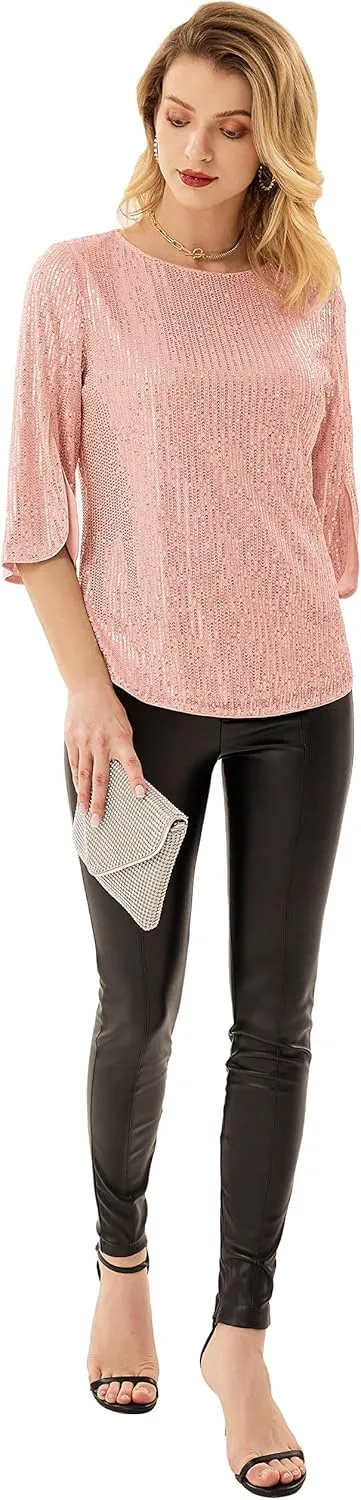 Women's Sparkle Sequin Party Blouse Tops Shimmer Glitter 3/4 Slit Sleeve Dressy Tops