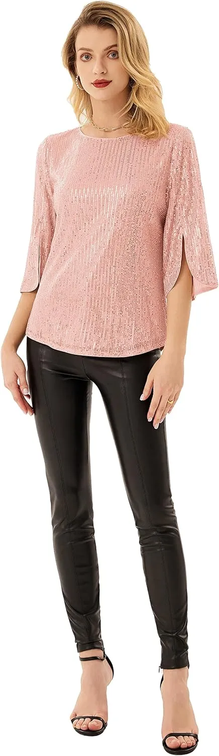 Women's Sparkle Sequin Party Blouse Tops Shimmer Glitter 3/4 Slit Sleeve Dressy Tops
