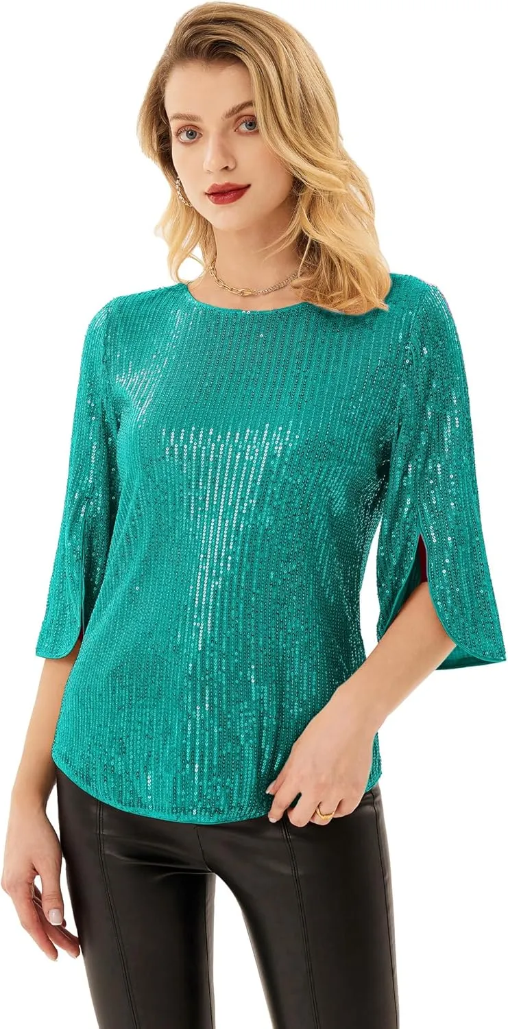 Women's Sparkle Sequin Party Blouse Tops Shimmer Glitter 3/4 Slit Sleeve Dressy Tops