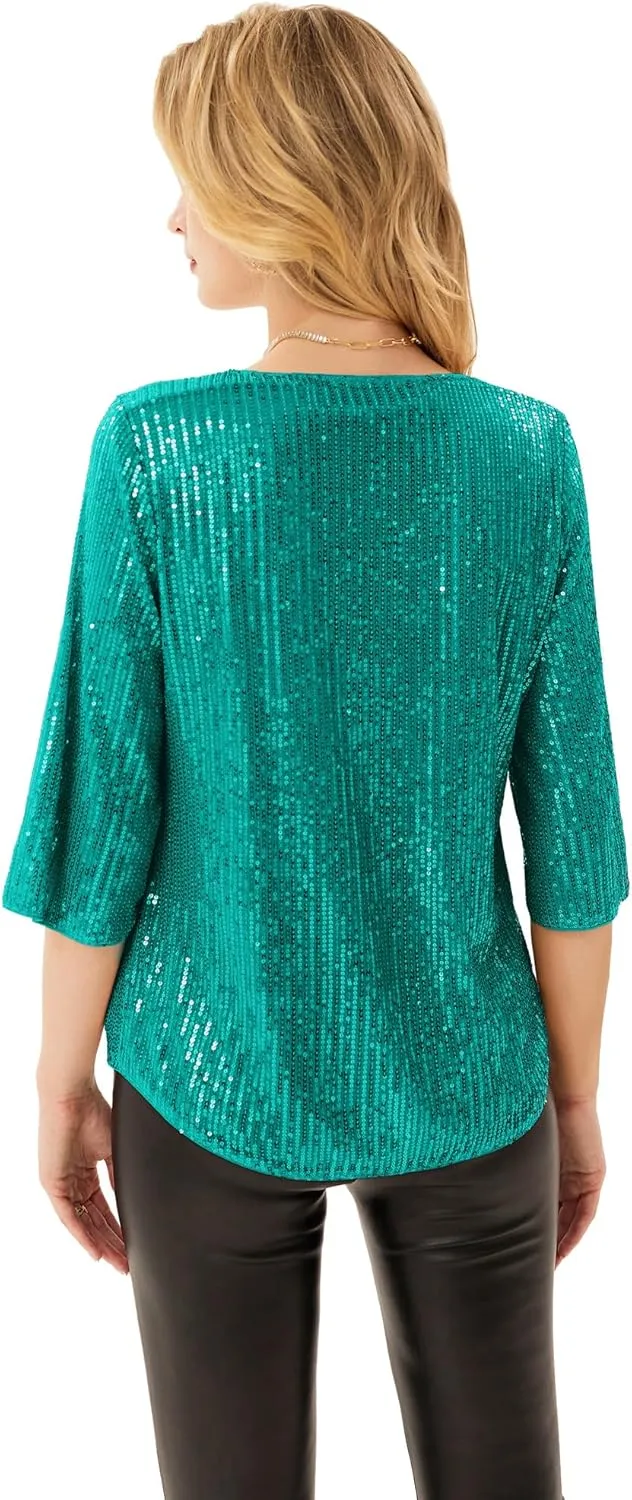 Women's Sparkle Sequin Party Blouse Tops Shimmer Glitter 3/4 Slit Sleeve Dressy Tops