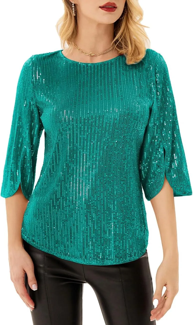 Women's Sparkle Sequin Party Blouse Tops Shimmer Glitter 3/4 Slit Sleeve Dressy Tops