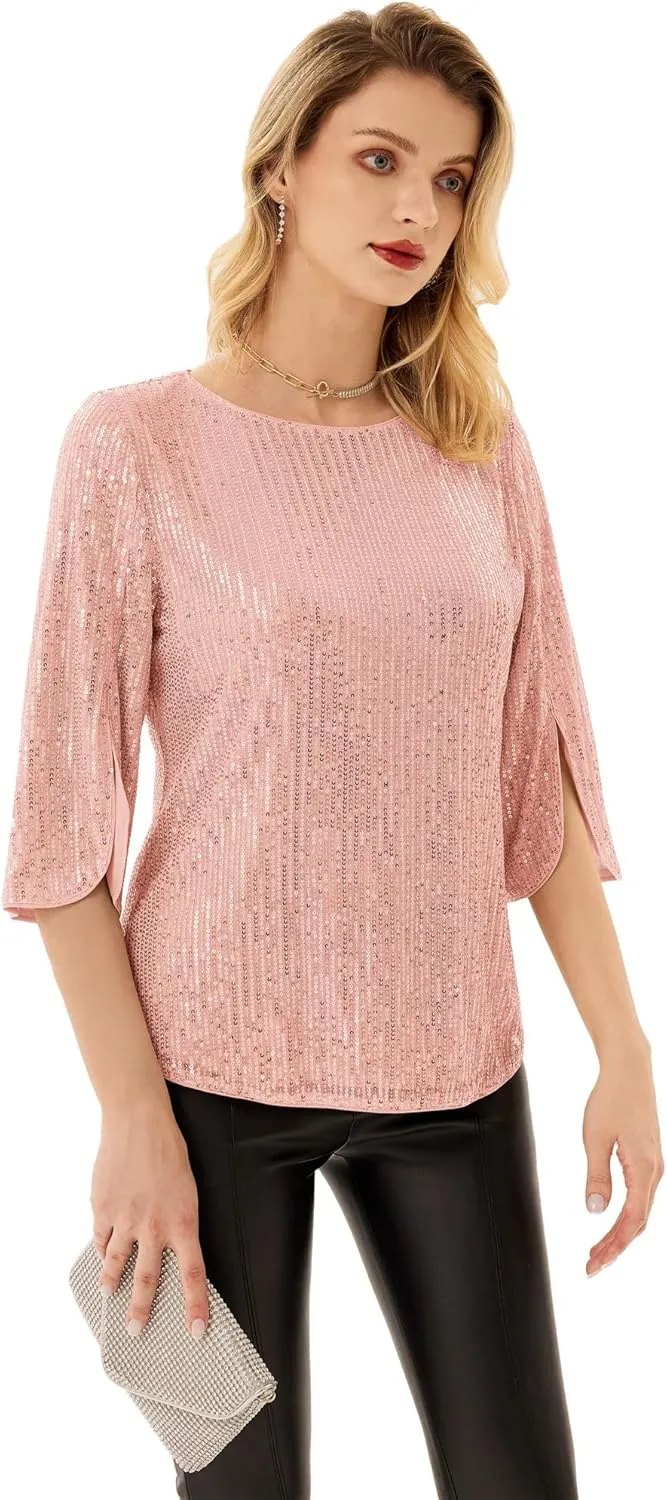 Women's Sparkle Sequin Party Blouse Tops Shimmer Glitter 3/4 Slit Sleeve Dressy Tops