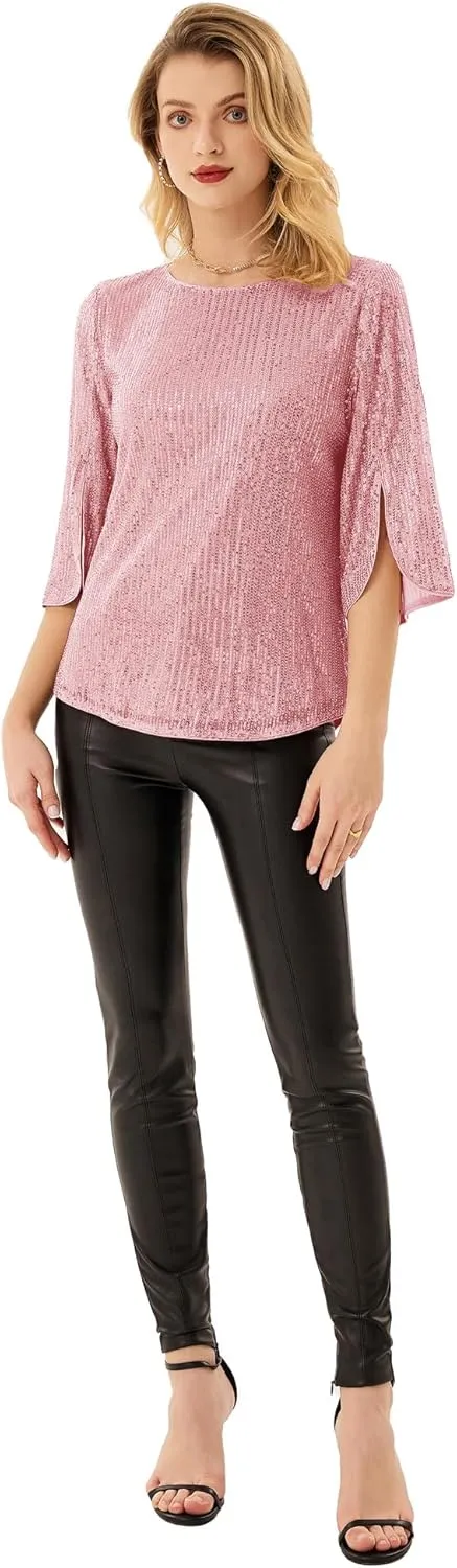 Women's Sparkle Sequin Party Blouse Tops Shimmer Glitter 3/4 Slit Sleeve Dressy Tops