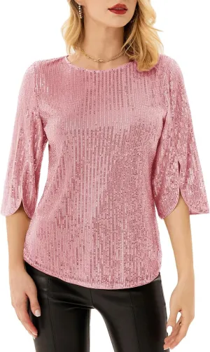 Women's Sparkle Sequin Party Blouse Tops Shimmer Glitter 3/4 Slit Sleeve Dressy Tops