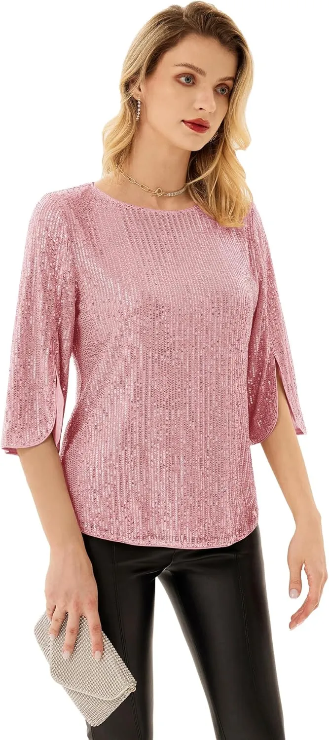 Women's Sparkle Sequin Party Blouse Tops Shimmer Glitter 3/4 Slit Sleeve Dressy Tops