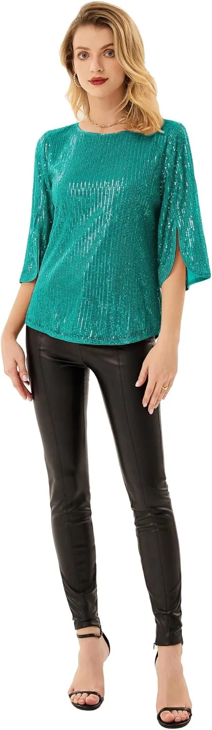 Women's Sparkle Sequin Party Blouse Tops Shimmer Glitter 3/4 Slit Sleeve Dressy Tops