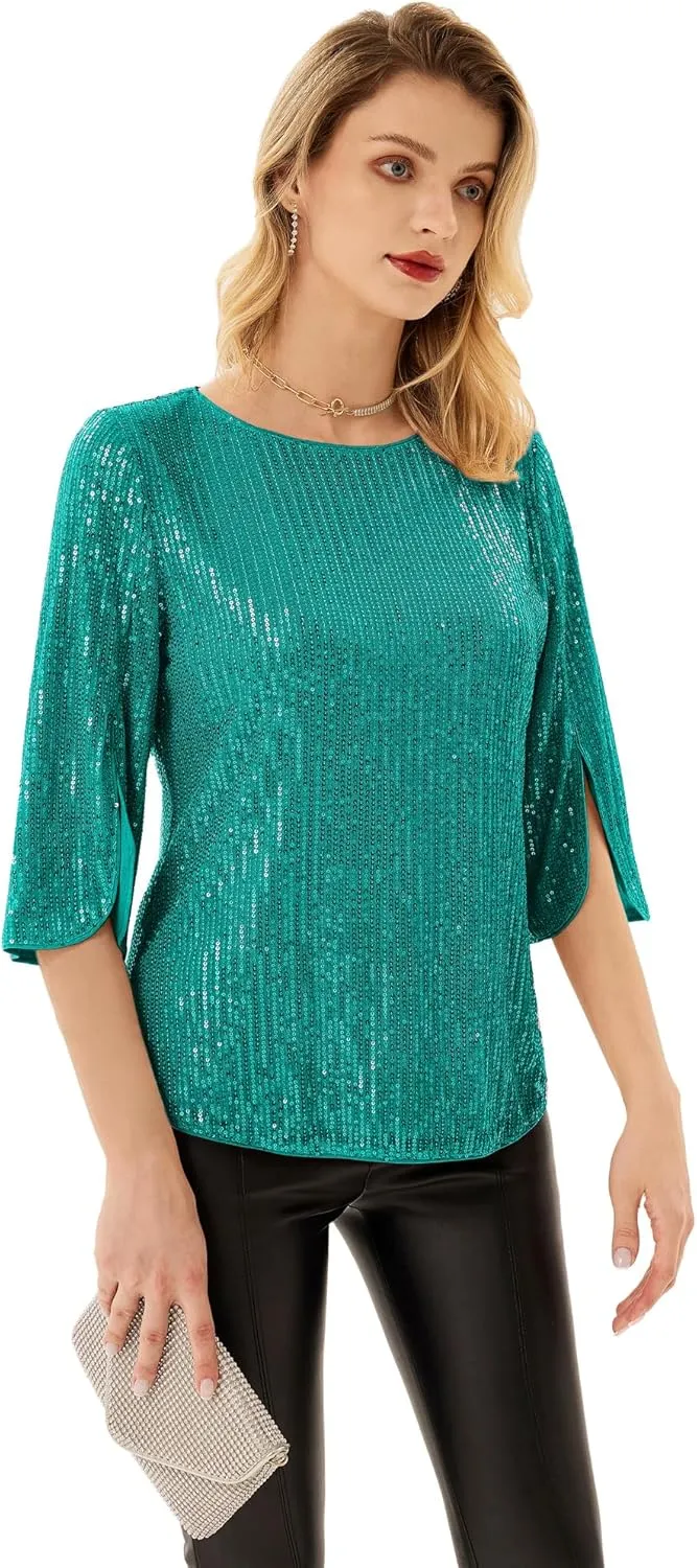 Women's Sparkle Sequin Party Blouse Tops Shimmer Glitter 3/4 Slit Sleeve Dressy Tops