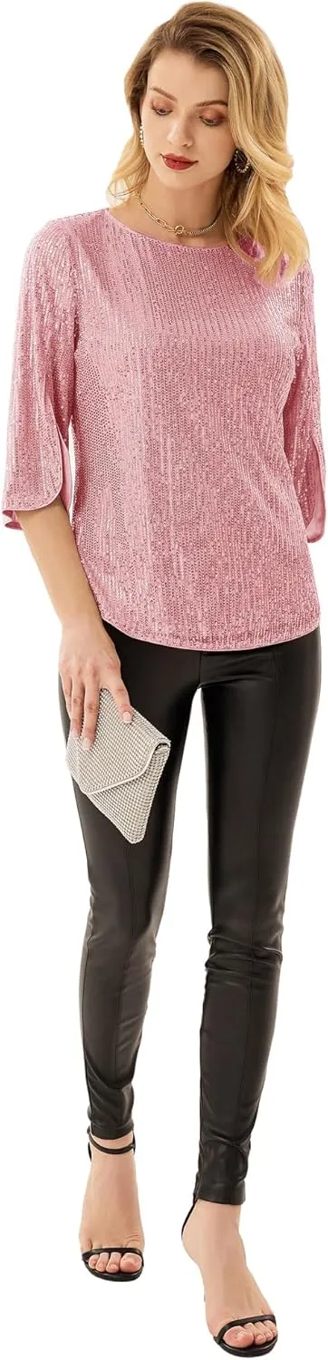 Women's Sparkle Sequin Party Blouse Tops Shimmer Glitter 3/4 Slit Sleeve Dressy Tops