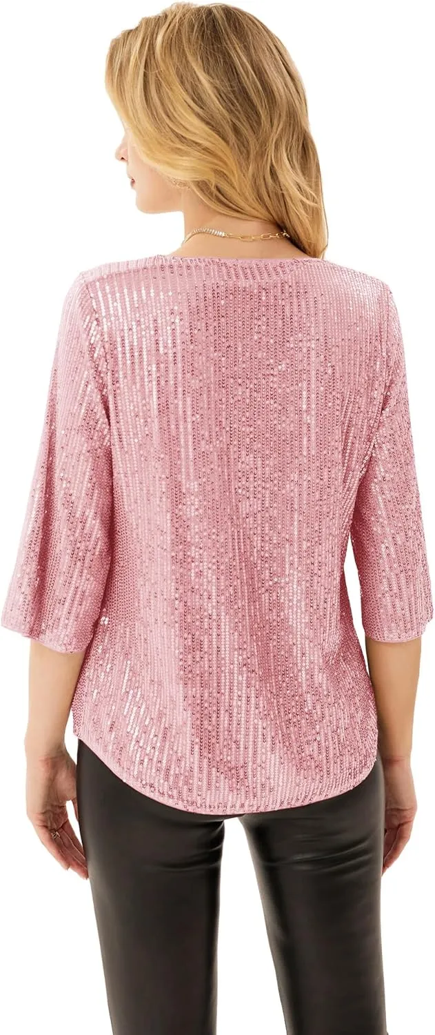 Women's Sparkle Sequin Party Blouse Tops Shimmer Glitter 3/4 Slit Sleeve Dressy Tops