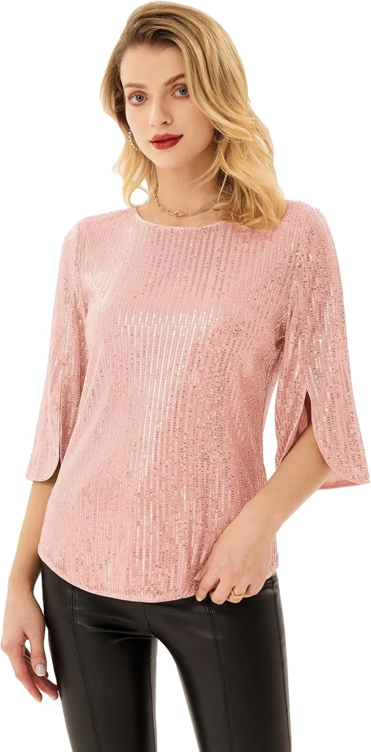 Women's Sparkle Sequin Party Blouse Tops Shimmer Glitter 3/4 Slit Sleeve Dressy Tops