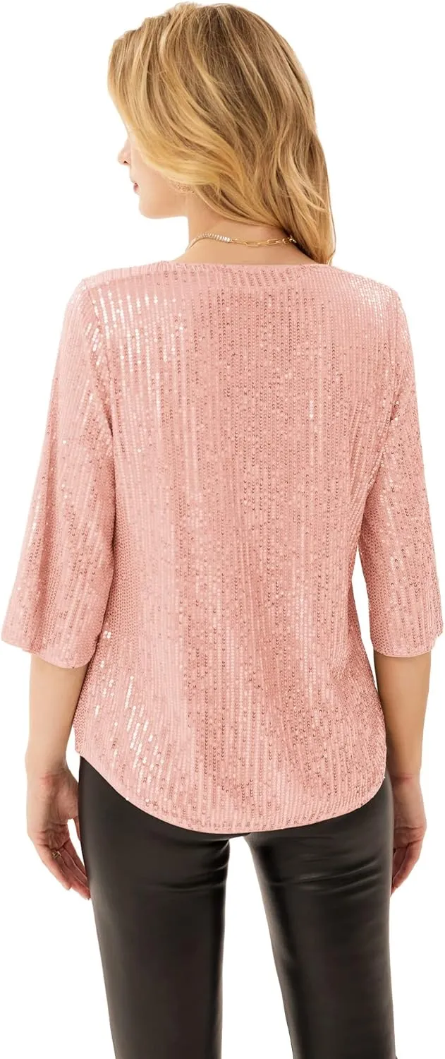 Women's Sparkle Sequin Party Blouse Tops Shimmer Glitter 3/4 Slit Sleeve Dressy Tops
