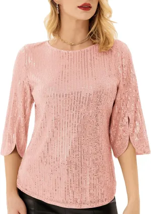 Women's Sparkle Sequin Party Blouse Tops Shimmer Glitter 3/4 Slit Sleeve Dressy Tops