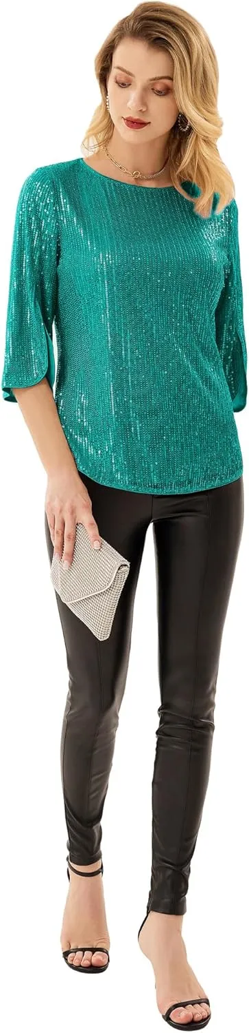 Women's Sparkle Sequin Party Blouse Tops Shimmer Glitter 3/4 Slit Sleeve Dressy Tops