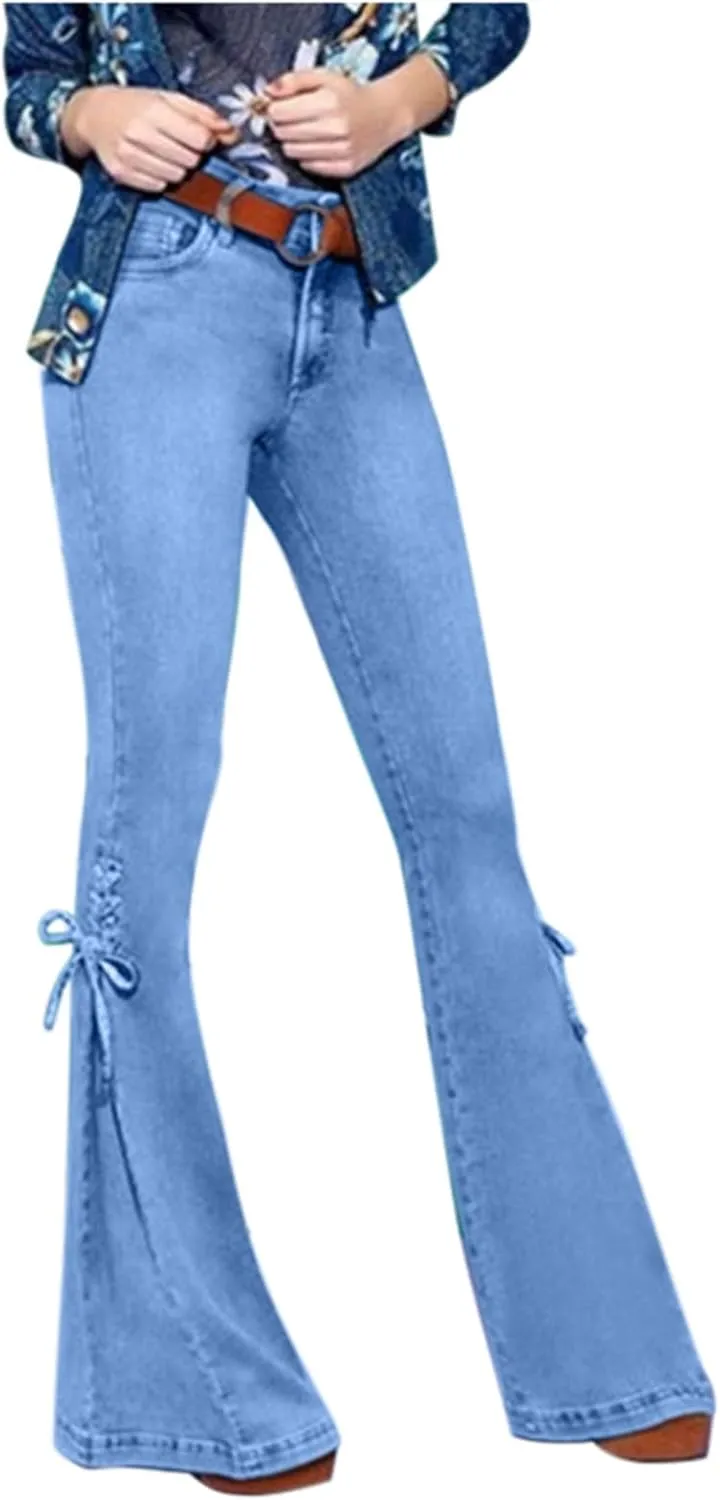 Womens Stretchy Denim Pants Curvy Slim Fit Butt Lifting Denim Skinny Jeans Flare Denim Pants Trouser Leg Tie Up