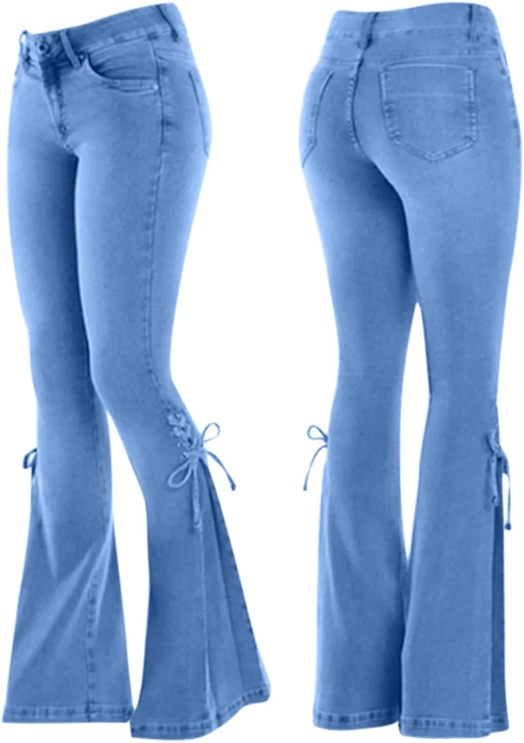 Womens Stretchy Denim Pants Curvy Slim Fit Butt Lifting Denim Skinny Jeans Flare Denim Pants Trouser Leg Tie Up