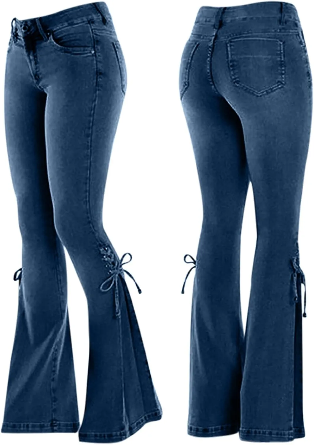 Womens Stretchy Denim Pants Curvy Slim Fit Butt Lifting Denim Skinny Jeans Flare Denim Pants Trouser Leg Tie Up