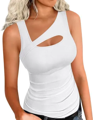 Womens Summer Cutout Tank Tops Ribbed Knit Sleeveless Shirts Slim Fitted Tanks Y2K Sexy Basic Tee Shirt Outfits
