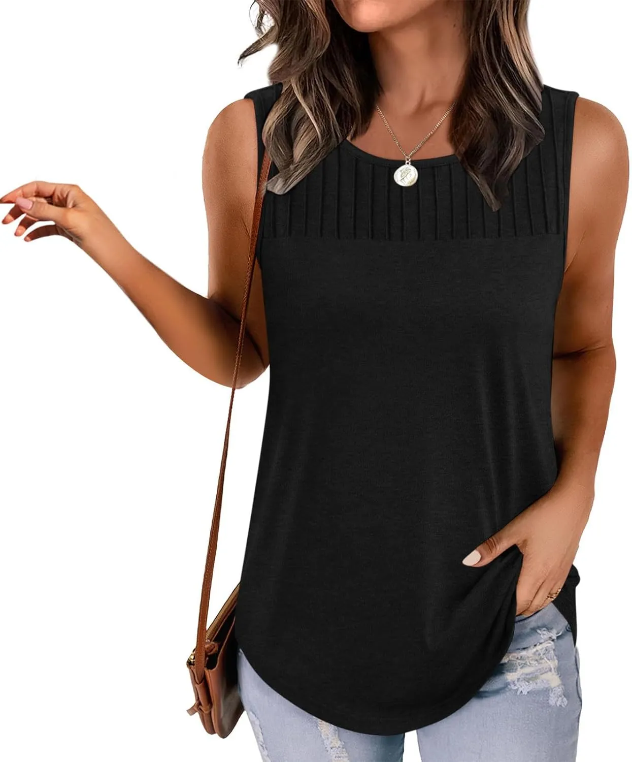 Women's Summer Pleated Front Tank Top Sleeveless Crewneck Business Casual Loose Shirts 2025 Fashion Tunic Tops