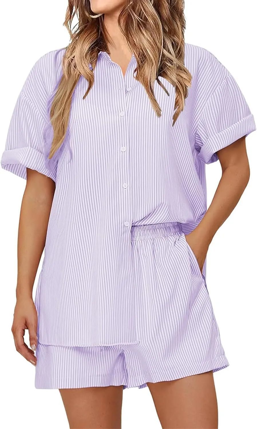 Women's Summer Stripes 2 Piece Sets Button Down Shirts Tops Lounge Loose Drawstring Shorts Vacation Cruise Outfits