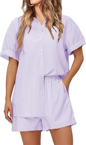 Women's Summer Stripes 2 Piece Sets Button Down Shirts Tops Lounge Loose Drawstring Shorts Vacation Cruise Outfits