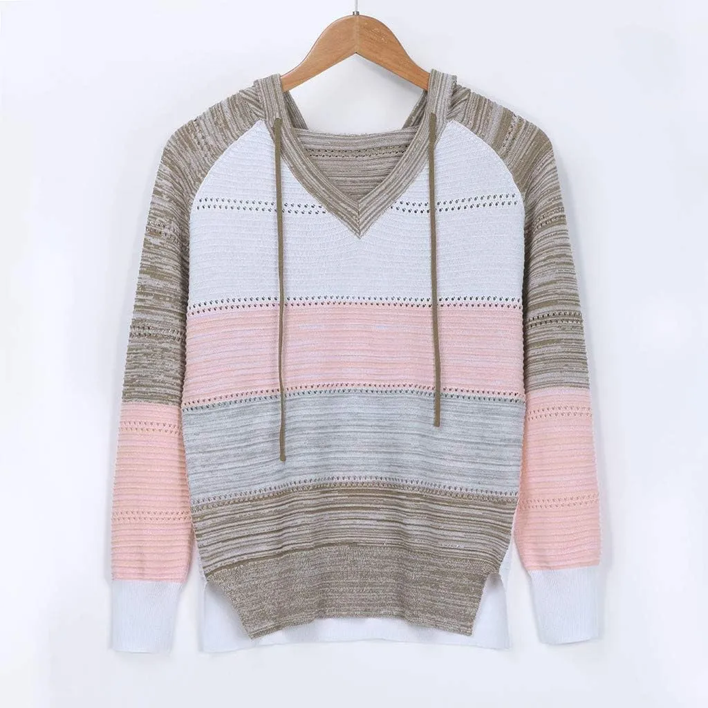 Womens Sweaters Sleeves Hooded Patchwork Casual Blouse Tops Fashion Women Long Women's Blouse Dressy Sweater Men