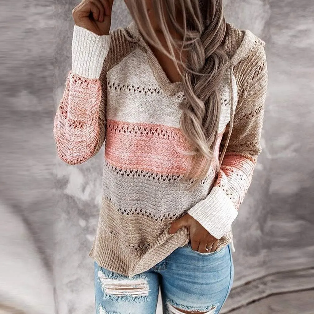 Womens Sweaters Sleeves Hooded Patchwork Casual Blouse Tops Fashion Women Long Women's Blouse Dressy Sweater Men